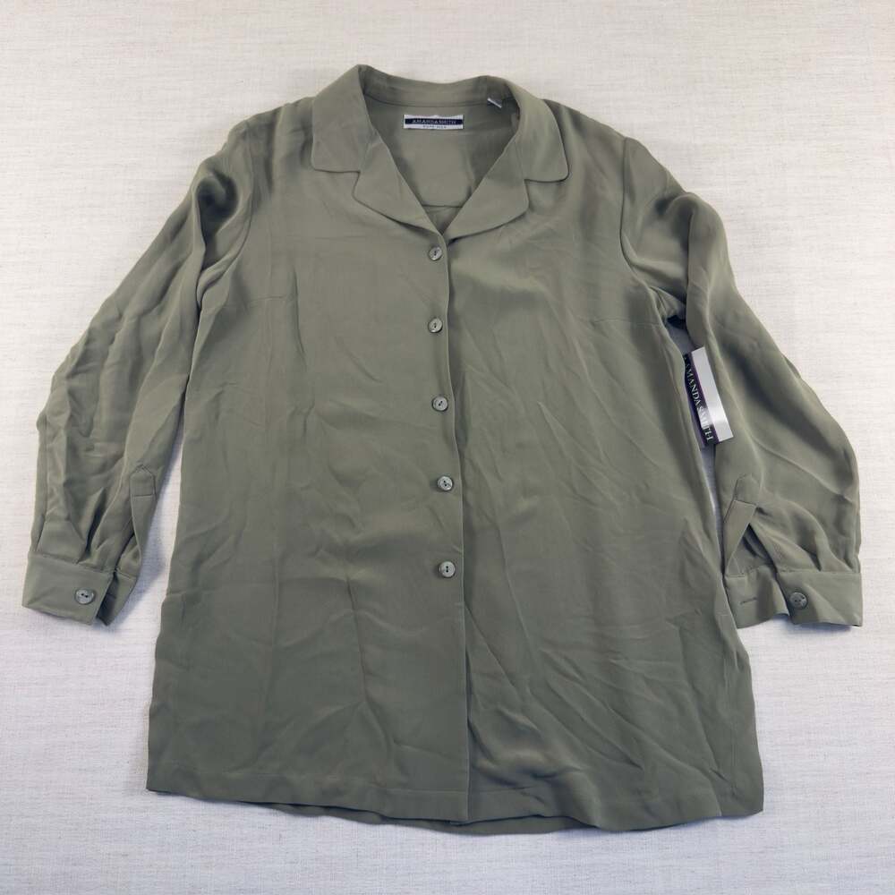 Amanda Smith Olive Green 100% Pure Silk Button Front Blouse Size 12 NWT